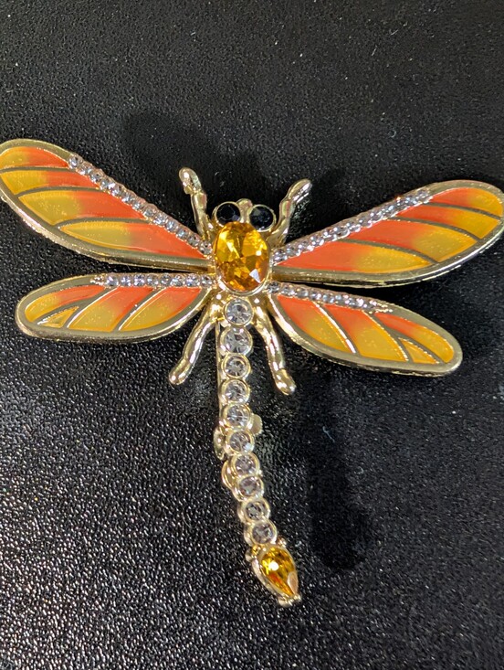 Jewelry - Gold-tone Dragonfly Pin with Orange and Yellow Enamel